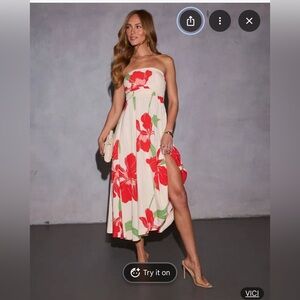 Vici Red and Green Floral Strapless Dress